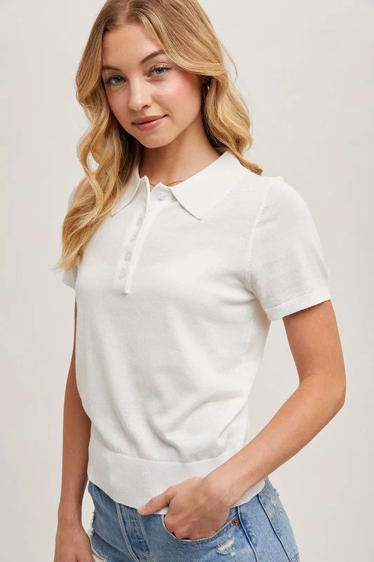 Sandy Short Sleeve Collared Knit Top WhiteRecycled Fabric Short Sleeve Tops