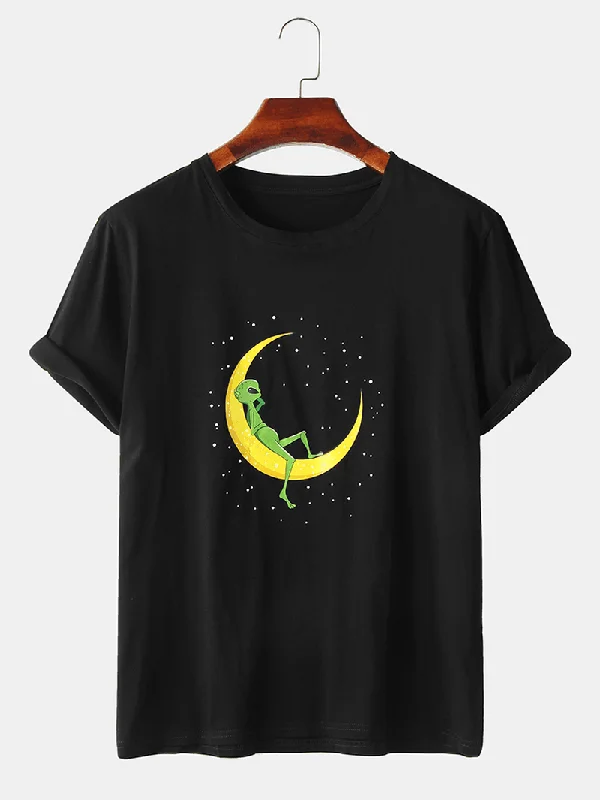 Mens Alien & Moon Print Short Sleeve Design Cotton T-ShirtsLuxury Short Sleeve Tops