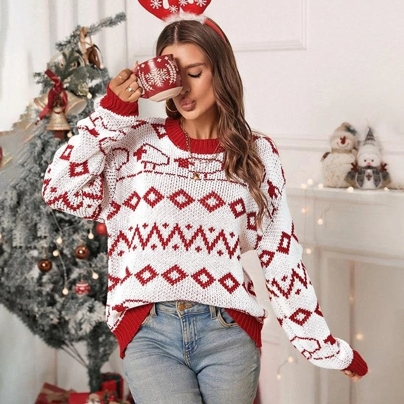 Womens Long Sleeve Round Neck Knitted Christmas Sweater