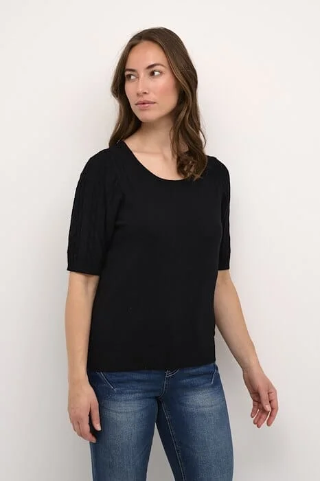 BLACK ROUND NECK SHORT SLEEVE KNIT TOPQuick-Dry Short Sleeve Tops