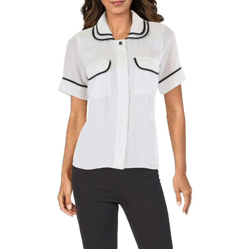 Womens Double Collar Short Sleeve Button-Down TopColorblock Short Sleeve Tops