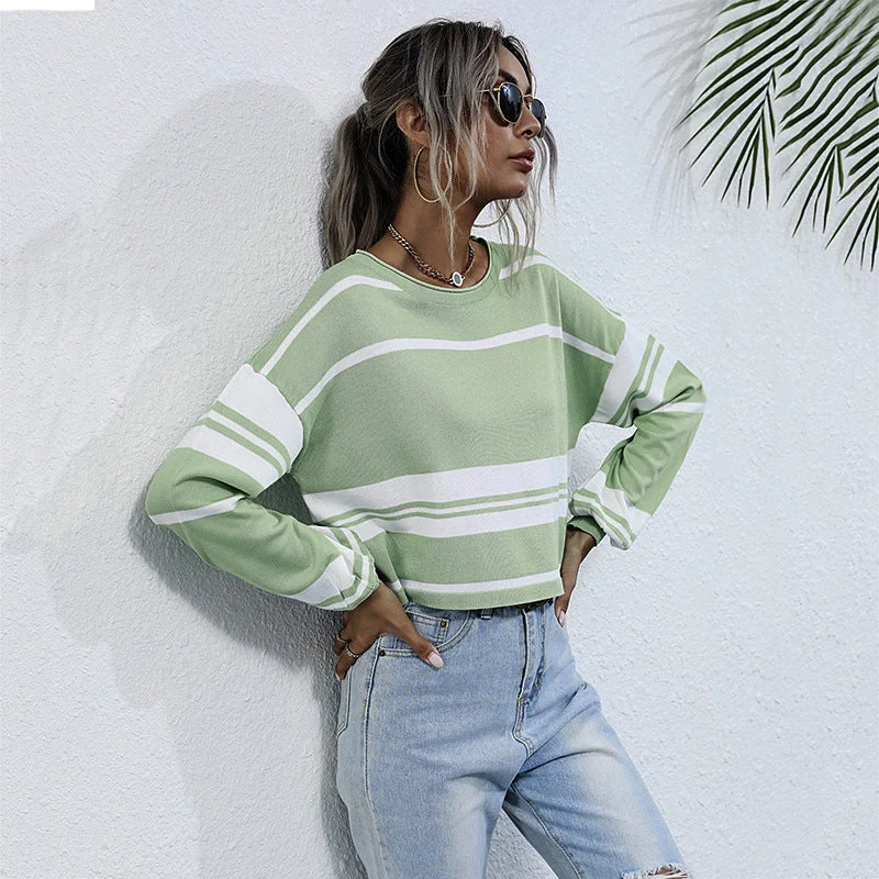 Crew-neck Striped Bottomed Knit Sweater For WomenCrewneckdurable