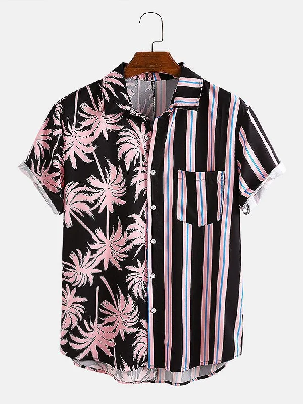 Men Coconut Tree Colorful Stripe Mixed Print Short Sleeve Casual Holiday ShirtsReflective Short Sleeve Tops