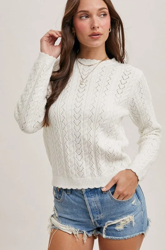 Charlene Long Sleeve Scallop Edge Open Knit Sweater Top White