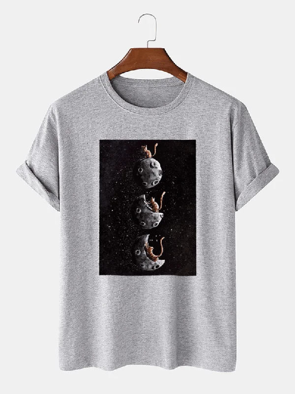 Mens 100% Cotton Space Cat Graphic Print Casual Short Sleeve T-ShirtLongline Short Sleeve Tops