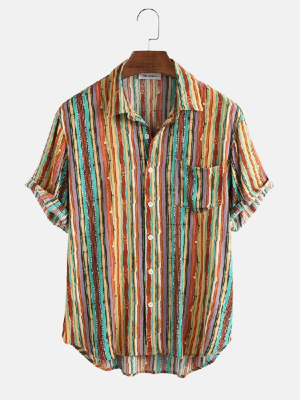 Mens Cotton Colorful Striped Pocket Short Sleeve ShirtsOutdoor Short Sleeve Tops