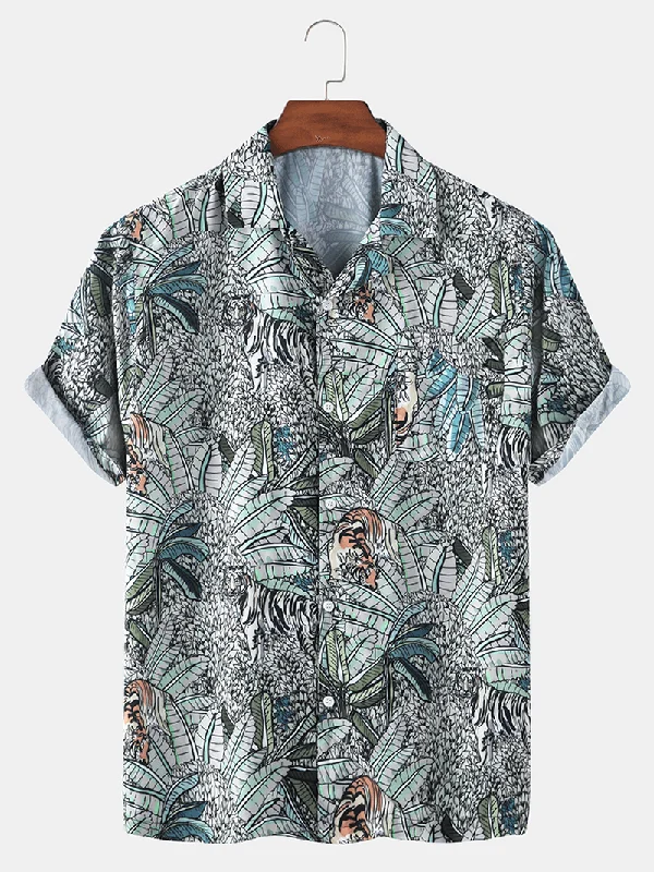 Mens Tropical Leaves Print Hawaii Casual Short Sleeve ShirtsRunning Short Sleeve Tops