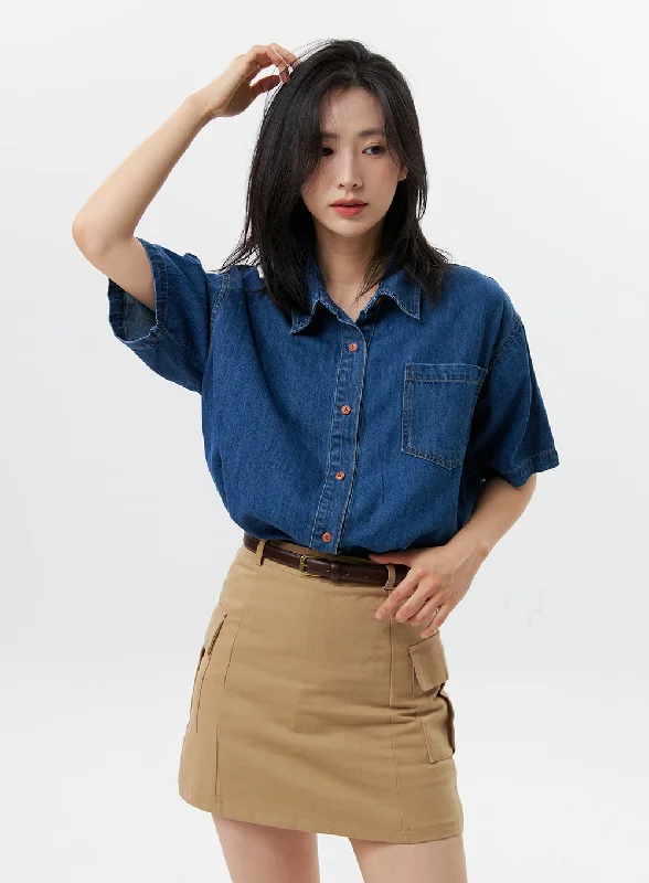 Denim Short Sleeve Shirt OG315Branded Short Sleeve Tops