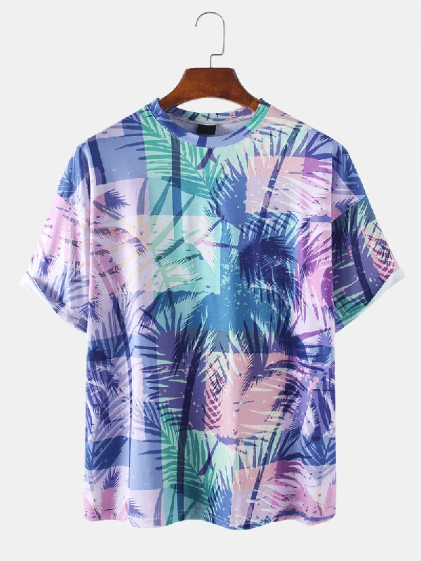 Cotton Mens Colorful Tropical Plant Leaves Print Holiday Short Sleeve T-ShirtsThermal Short Sleeve Tops