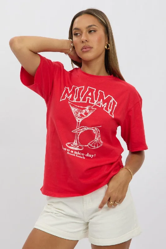 Red Graphic Tee Short SleeveV-Neck Short Sleeve Tops