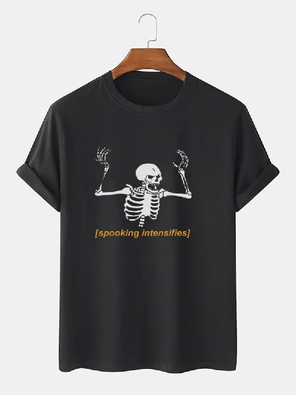 Mens 100% Cotton Halloween Skeleton Letter Print Short Sleeve T-ShirtsHiking Short Sleeve Tops