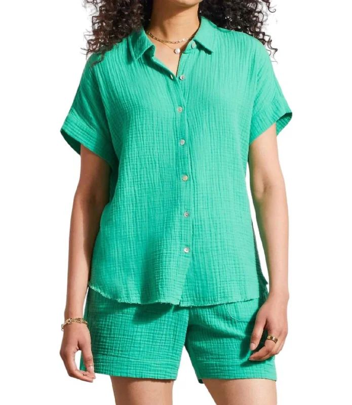 Cotton Gauze Button-Up Shirt With Short Sleeves In JademistBamboo Short Sleeve Tops