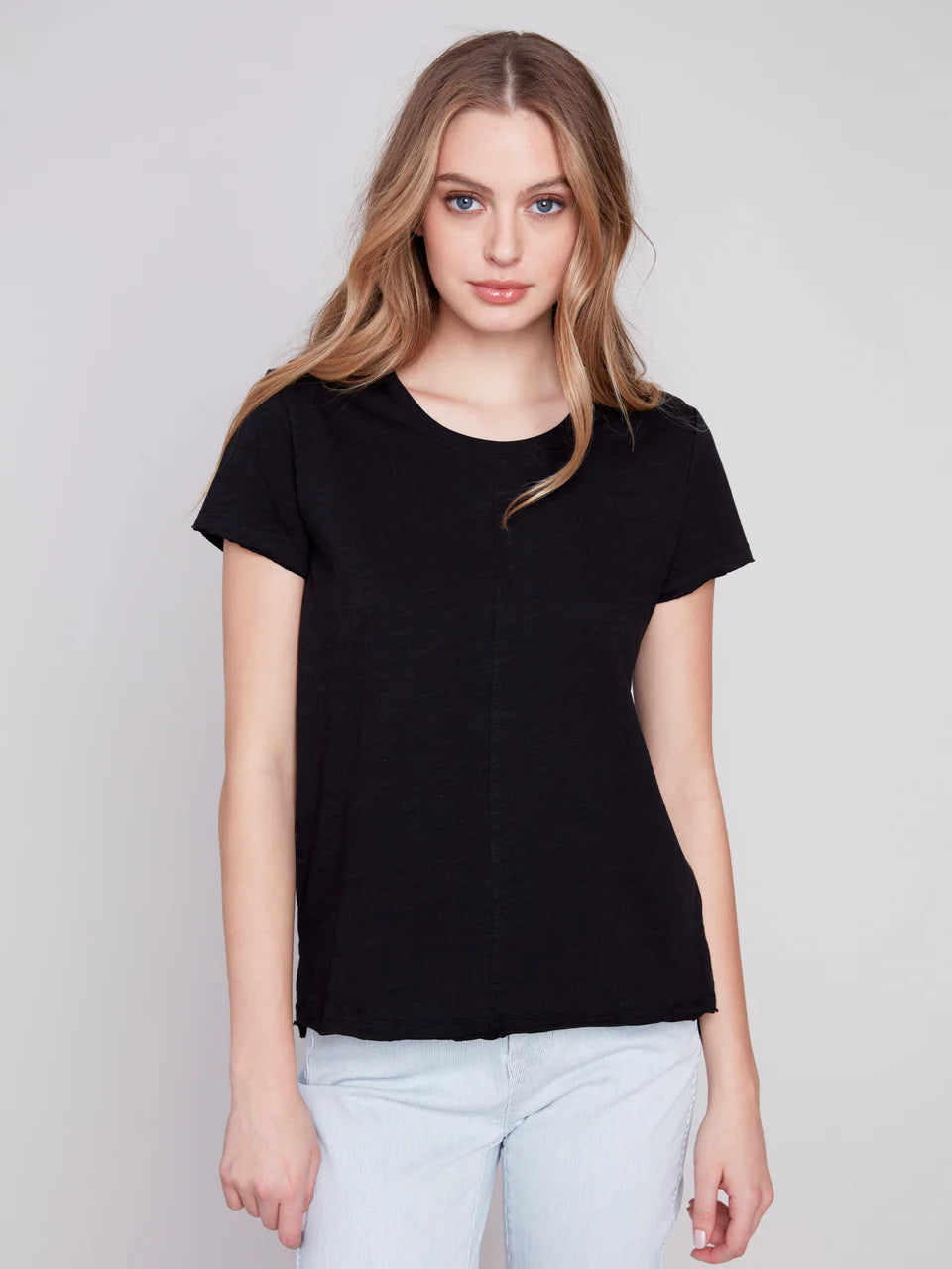 SHORT SLEEVE BLACK COTTON KNIT TOPLuxury Short Sleeve Tops