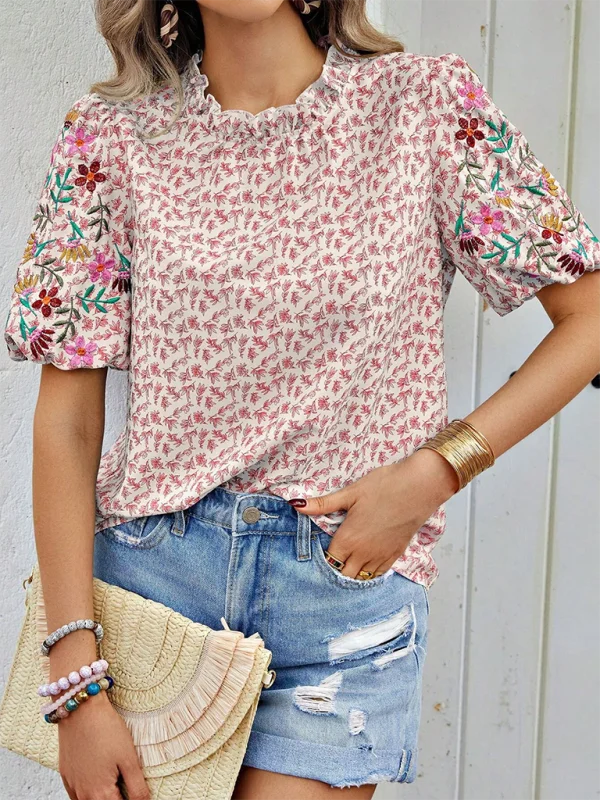 Women's Floral Blouse with Frill Neck and Short SleevesV-Neck Short Sleeve Tops