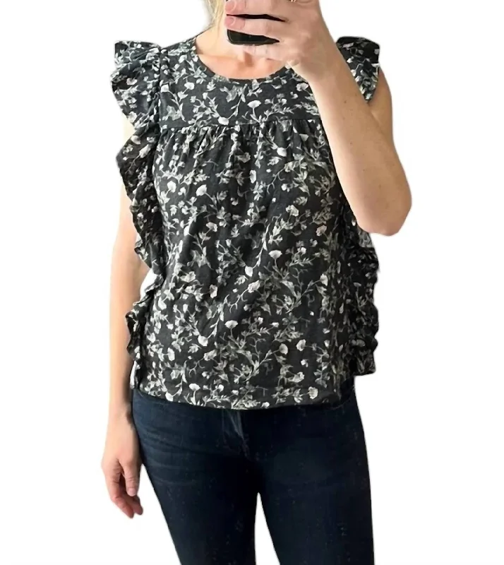 Floral Ruffle Short Sleeve Blouse In BlackFormal Short Sleeve Tops