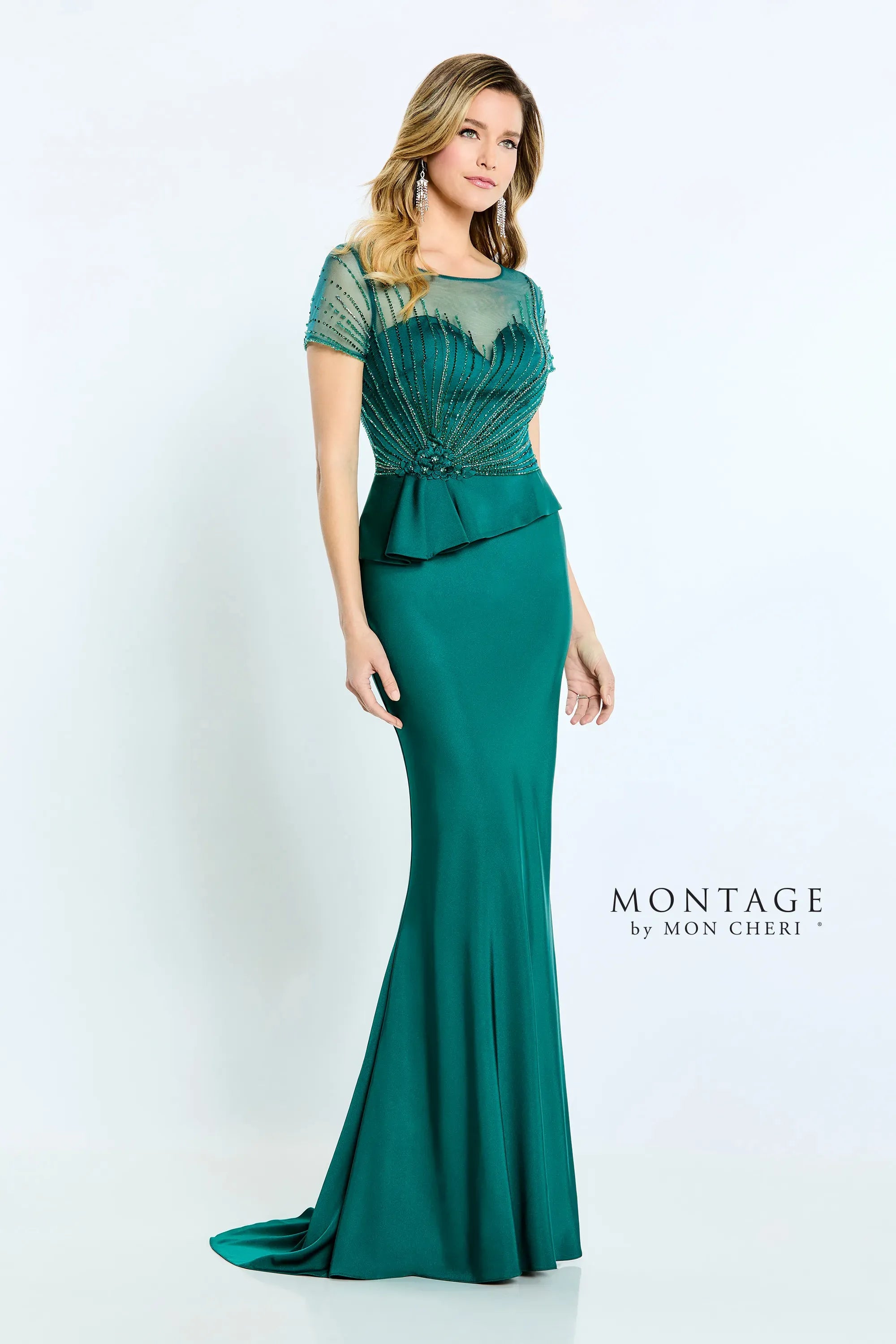 TightlinkMontage M500 Beaded Long Formal Pleated Peplum Dress