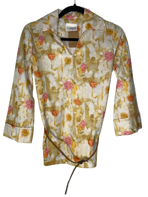 1970s Prince of Dallas Watercolor Flowers V Neck Long Sleeve