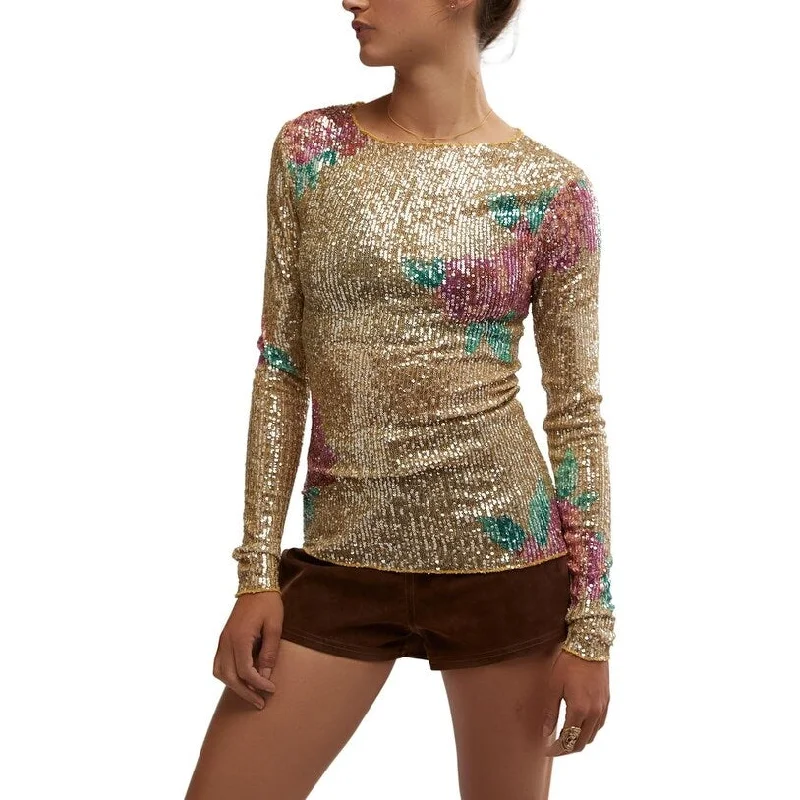 Free People Women's Printed Gold Rush Long Sleeve, Champagne Combo