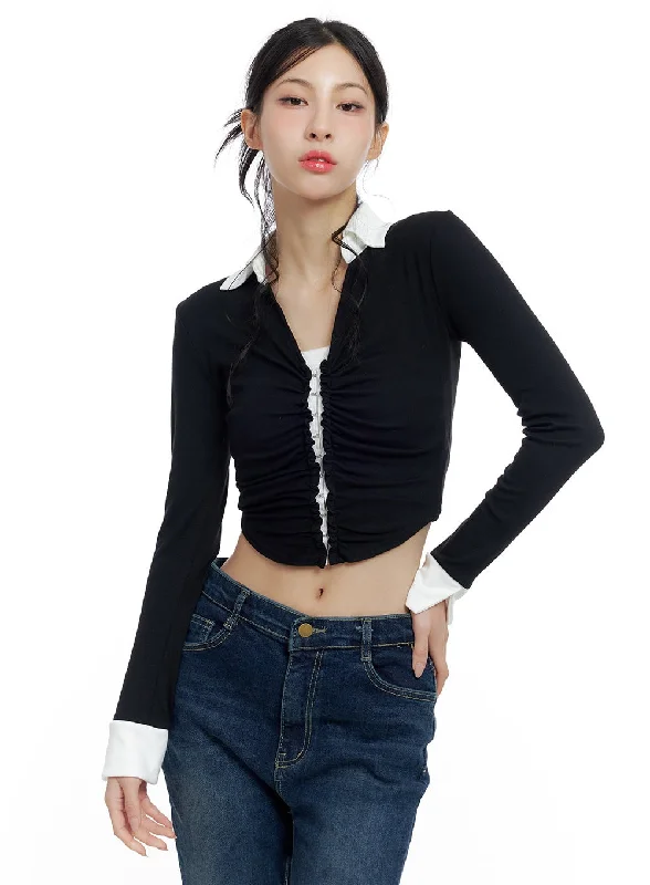 Sleek Shirred Collar Cropped Long Sleeve Top CO425