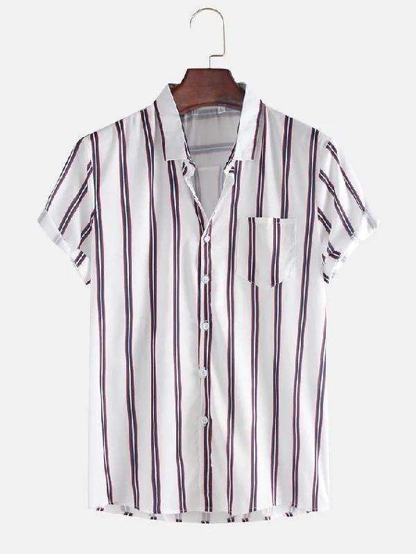 Mens Fashion Breathable Multi Colors Stripe Chest Pocket Short Sleeve Casual ShirtsCotton Short Sleeve Tops