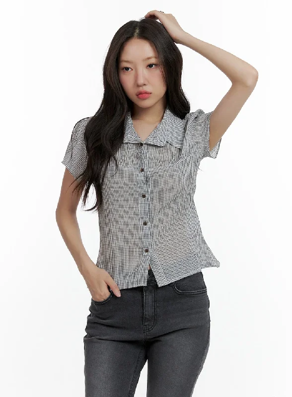 Gingham Buttoned Collar Short Sleeve Blouse CL410Punk Short Sleeve Tops