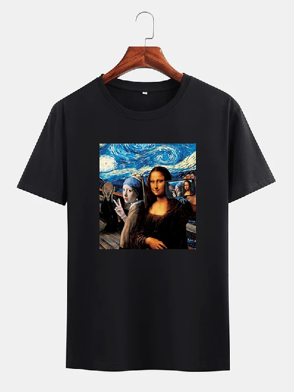 Mens Funny Kuso Mona Lisa and Van Gogh Oil Print License Designer Short Sleeve T-ShirtsVelvet Short Sleeve Tops