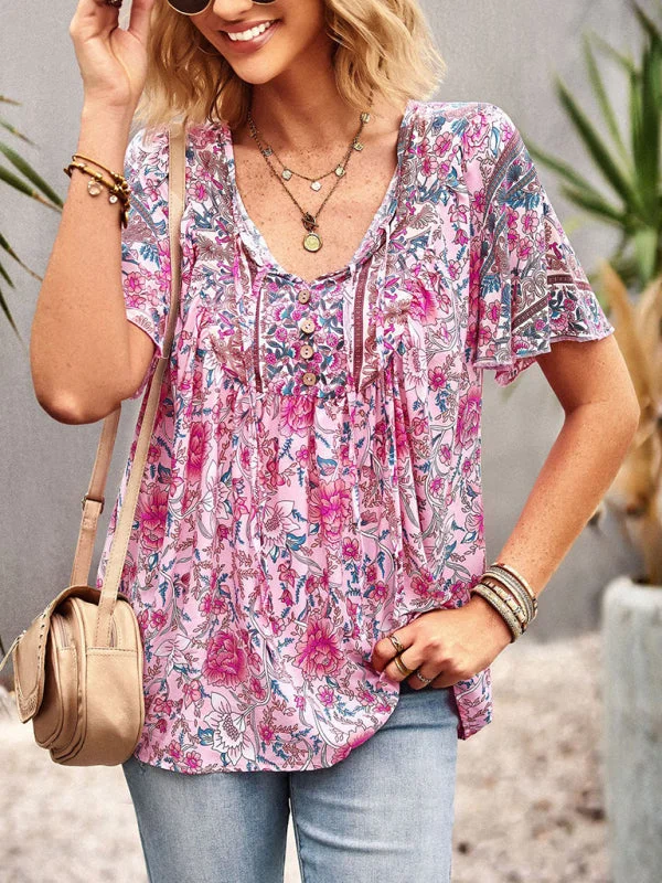 Boho Floral Summer Short Sleeve Blouse for Any OccasionUrban Short Sleeve Tops