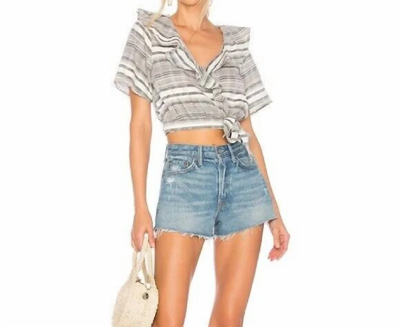 Selma Wrap Striped Ruffle Short Sleeve Crop Top In Grey, WhiteBand Merch Short Sleeve Tops