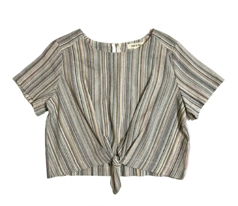 Women's Striped Linen Cotton Front Tie Short Sleeve Crop Top In MulticolorPunk Short Sleeve Tops