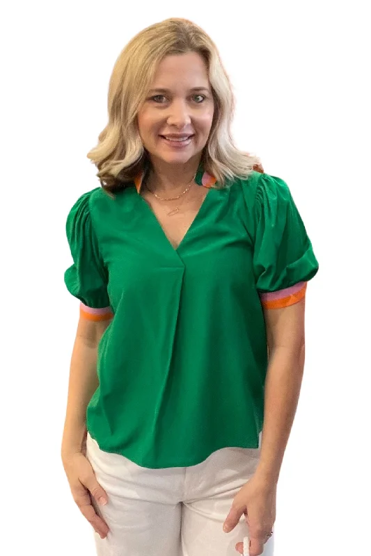 Green Short Sleeve Top with Stripe DetailLounge Short Sleeve Tops