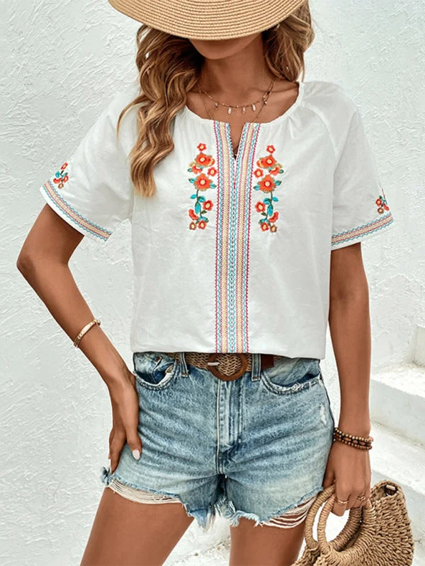 Women's Short Sleeve Blouse with Embroidered FloralsAthletic Short Sleeve Tops