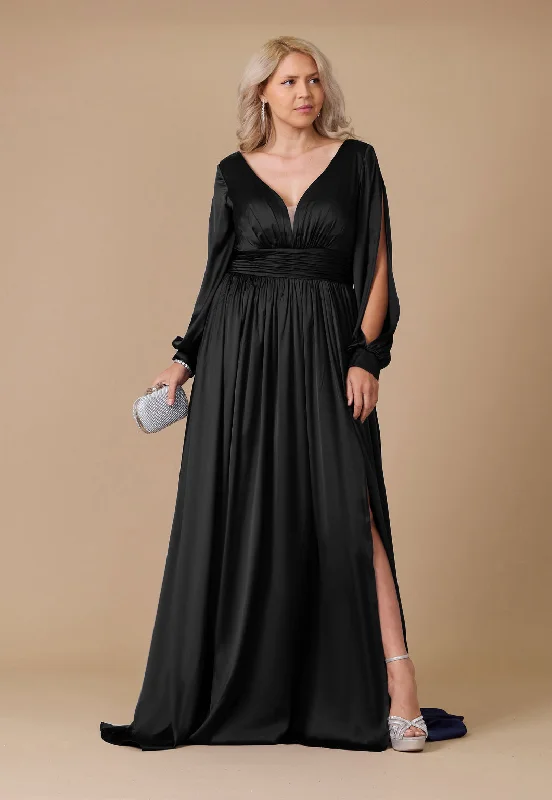 TighttailorLong Open Sleeve Satin Formal Evening Dress Black