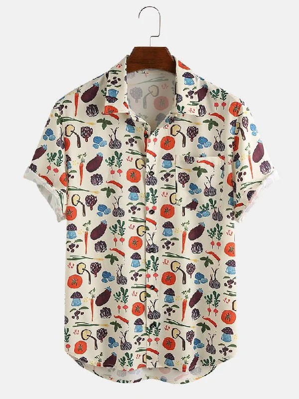 Mens Fashion Casual Vegetables Cartoon Print Turn Down Collar Short Sleeve ShirtsAthletic Short Sleeve Tops