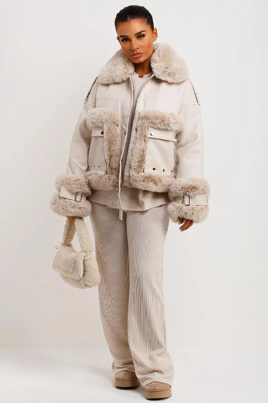 Performance JacketsBeige Faux Fur Trim Faux Leather Jacket