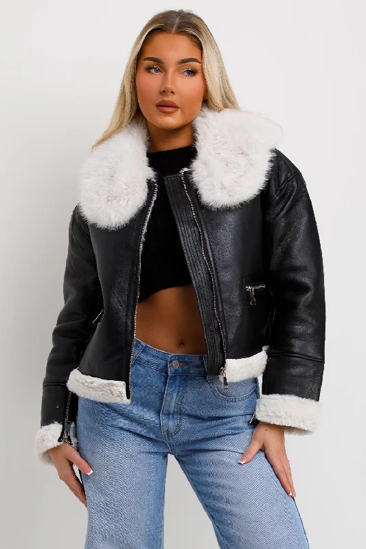 Hip-Hop JacketsCrop Aviator Jacket With Fur Collar Black