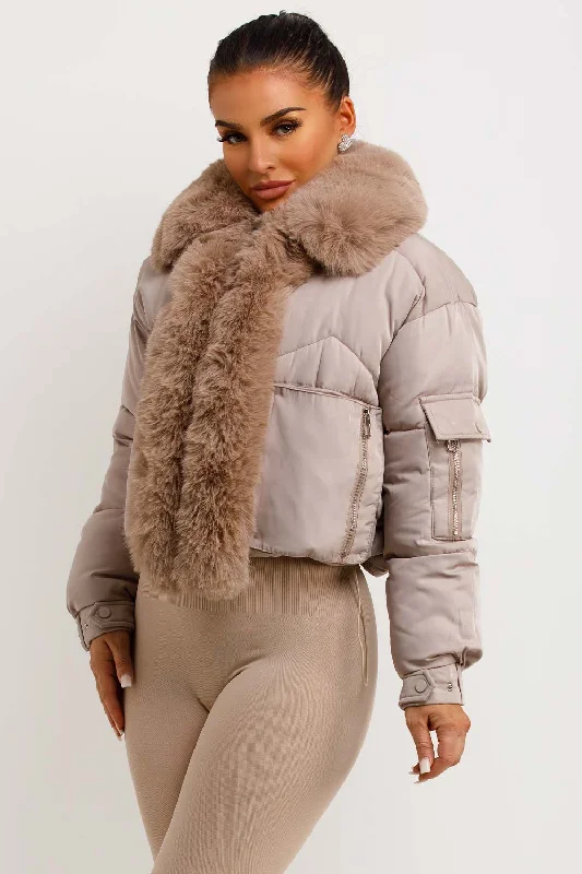 Pocketed JacketsPuffer Jacket With Fur Trim Beige