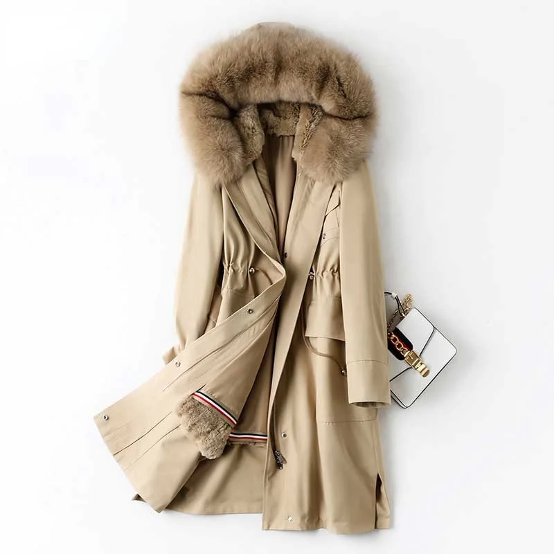 Recycled Fabric JacketsWomen's Mid-length Parkas Detachable Rex Rabbit Liner Winter Coats