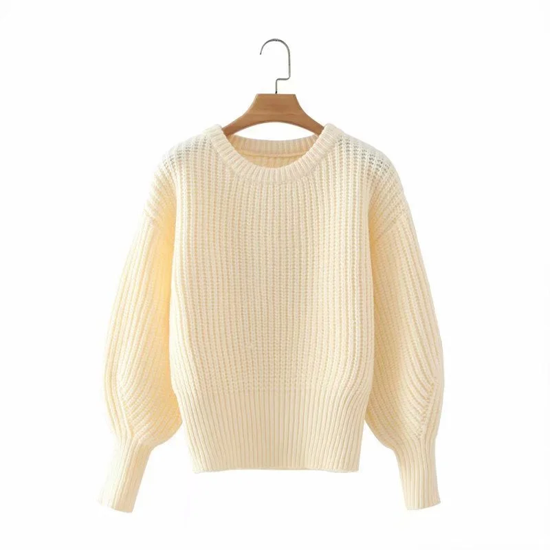 Fitted Knit TopsAutumn winter new fund languid loose round neck bubble sleeve knit sweater  1362