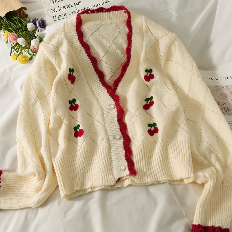 French Terry Knit TopsCute cardigan cherry sweater  1481