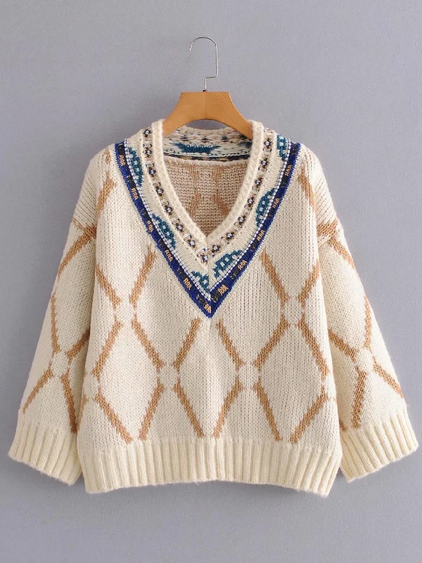 Ruffled Knit TopsEmbroidered pattern V-neck thickened ethnic style sweater loose-fitting sweater for women  1368