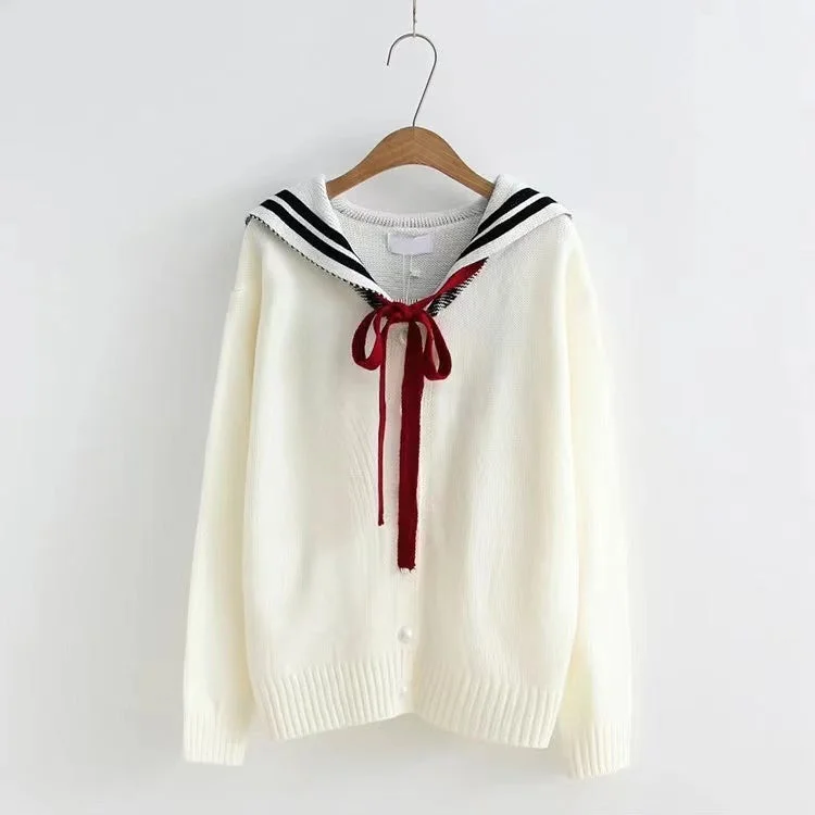 Thermal Knit TopsNavy collar long sleeve sweater, student tie bow knit cardigan  1414