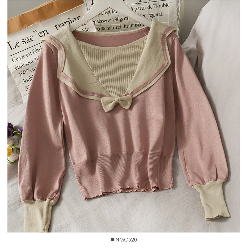 Cable Knit TopsNew bow V-neck contrast stitching women's T-shirt  1948