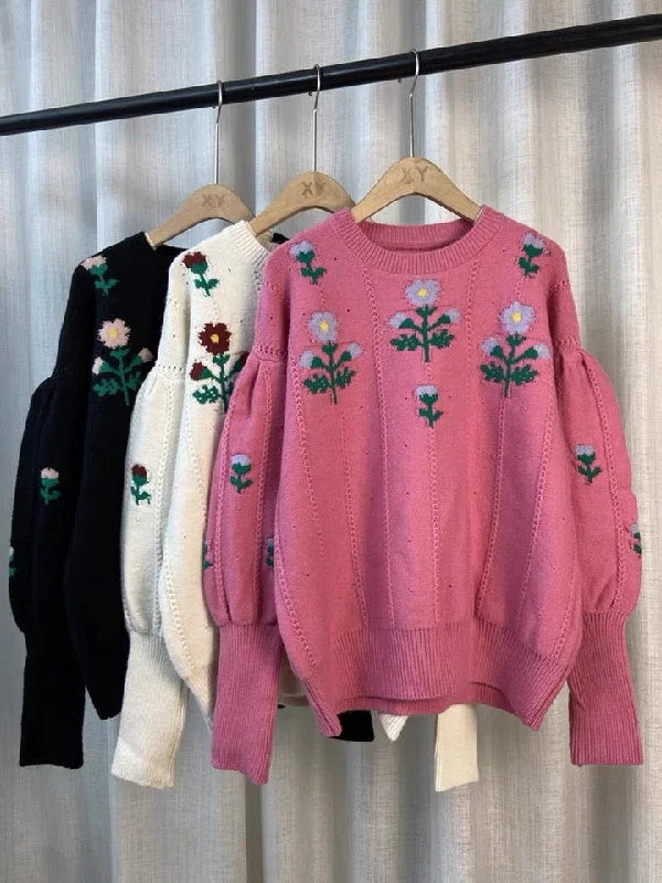 Casual Knit TopsTemperament flower sweater, vintage, jacquard lantern sleeve jumper, fall outerwear top  1409