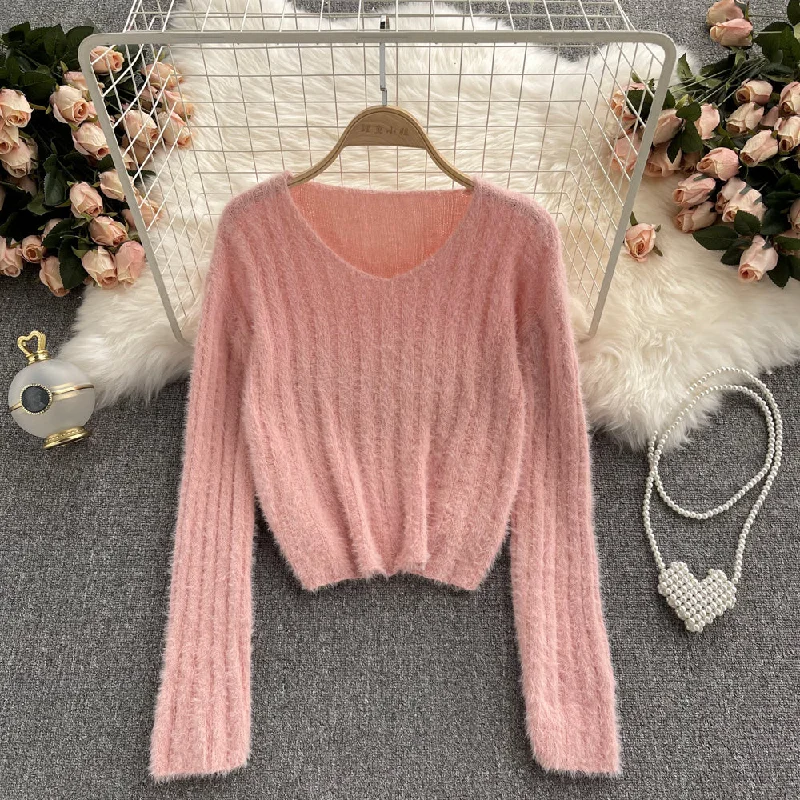 Painted Knit TopsVersatile short Pullover mohair sweater  1615