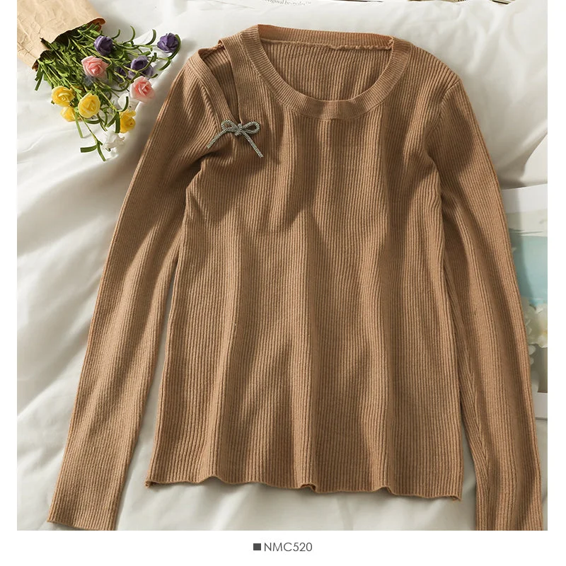 Ribbed Cuff Knit TopsWomen's autumn decoration thin round neck sweater  1992