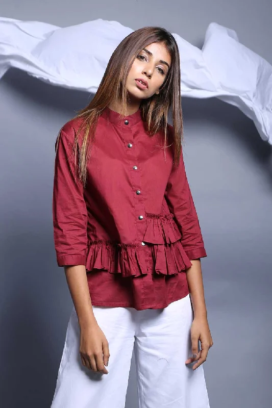 Designer ShirtsMaroon Cotton Ruffled Shirt Top