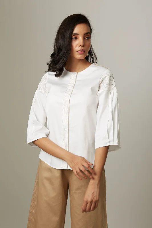 Mesh ShirtsWhite Pleated Katha Stitch Shirt