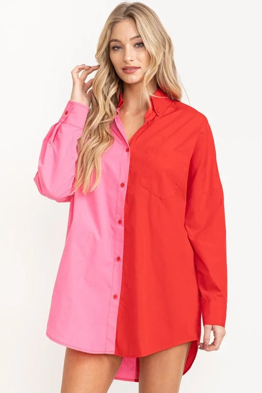 Sheer ShirtsKeep It Up Red and Pink Color Block Button Down Shirt