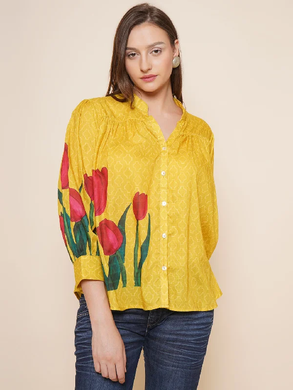 Fringed ShirtsYellow Floral Printed Shirt Style Top