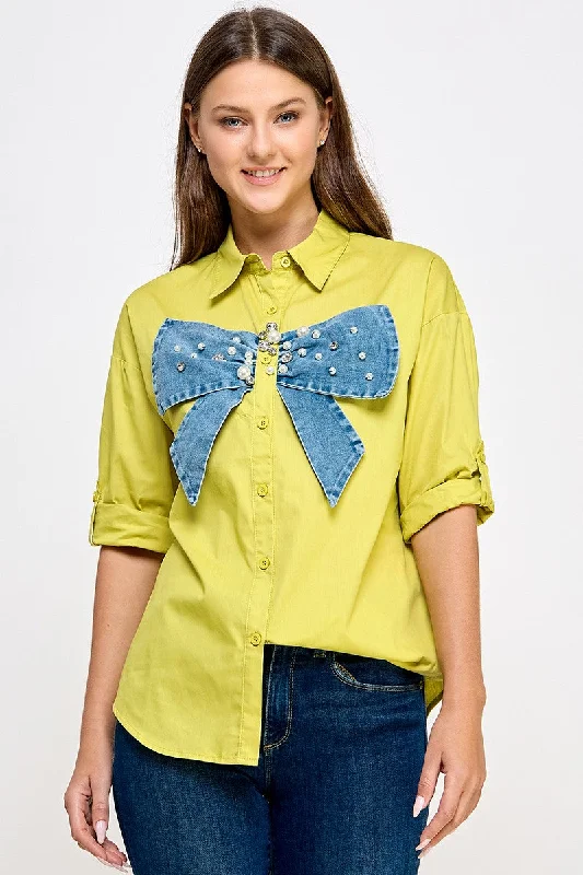 Asymmetrical ShirtsLime Big Denim Ribbon N Rhinestone Shirt